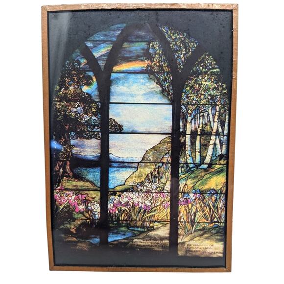 Pair Vintage Pictures Somber CEMETERY ART Prints Tiffany Stained Glass Memorials - Picture 2 of 5